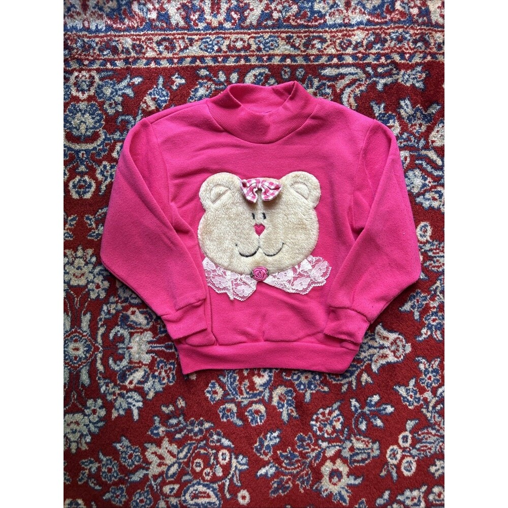 Vtg Young Hearts 4T Sweatshirt Pink Bear Flower Hearts Ruffle